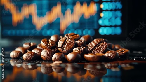 Wallpaper Mural Roasted coffee beans on a reflective surface with a stock market graph in the background. Torontodigital.ca