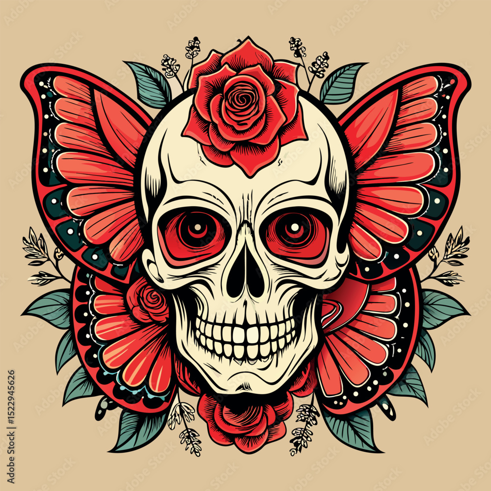 Obraz premium Stylized Skull with Red Butterfly Wings and Roses Against a Beige Background Artwork