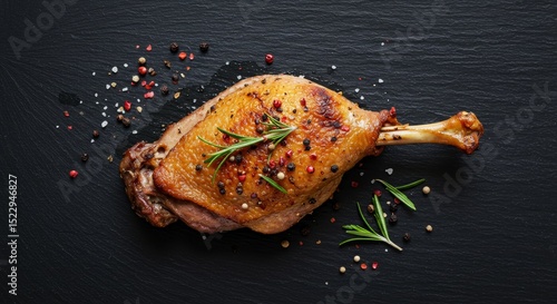 Roasted Duck Leg with Rosemary and Spices - Juicy roasted duck leg, seasoned with herbs and spices, rests on a dark stone board. This symbolizes deliciousness, culinary artistry, comfort food