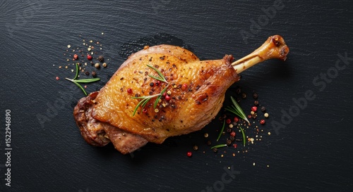 Roasted Duck Thigh with Rosemary and Spices - Juicy roasted duck thigh, seasoned with herbs and spices, rests on a dark stone board. It symbolizes deliciousness, comfort food, festive meal