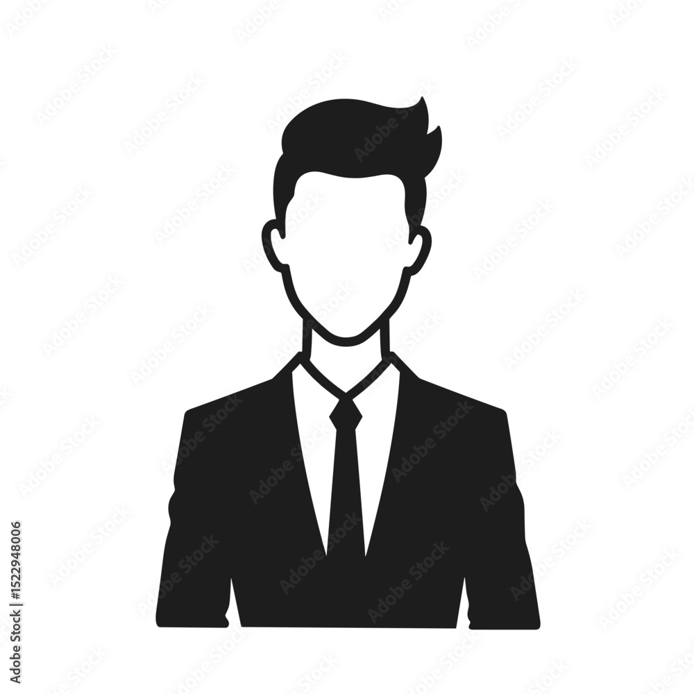 Simple black and white man icon in business suit and tie. This icon shows male figure in formal wear. Image is perfect for website design or app interface, creating corporate identity Simple black and white man icon in business suit and tie. This icon shows male figure in formal wear. Image is perfect for website design or app interface, creating corporate identity