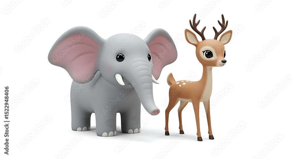 Naklejka premium 3D cartoon elephant and deer duo on white background