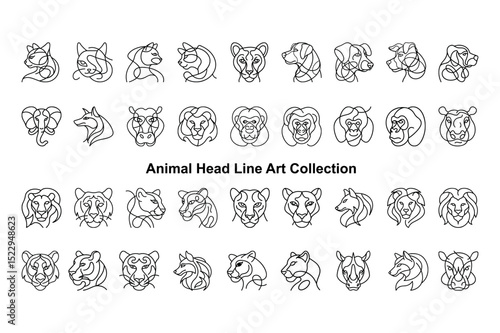 Animal Head Line Art Collection, Continuous Line Design, Minimalist Style, Isolated on White