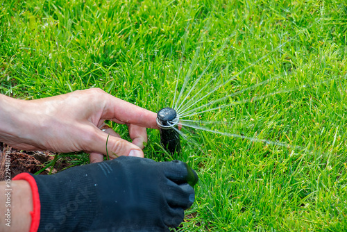 A gardener's gloved hand adjusts a sprinkler to water the lawn, keeping grass in good condition. Close-up.