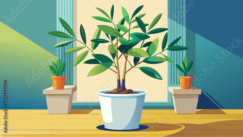 A single olive green plant in a white ceramic pot brings life into the space. It offers freshness, vibrance, nature, contrast, and a perfect organic touch in minimal interiors.

