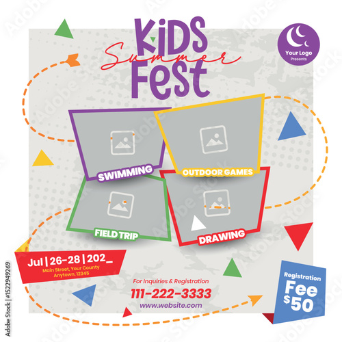 Colorful Kids Summer Festival social media design, Swimming, Outdoor Activities, Field Trip and Art Event socialmedia Template