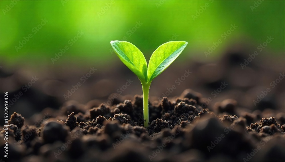 Fototapeta premium Close-up of a tiny sprout pushing through soil, representing the gradual process of growth and development, a metaphor for the slow and steady power of evolution , sprout, patience, green