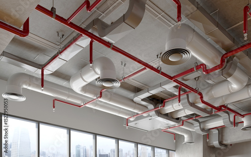 Ceiling view of MEP (Mechanical, Electrical, and Plumbing) systems, showcasing organized installation of HVAC ducts, fire protection pipes, electrical conduits, and communication lines.3d rendering