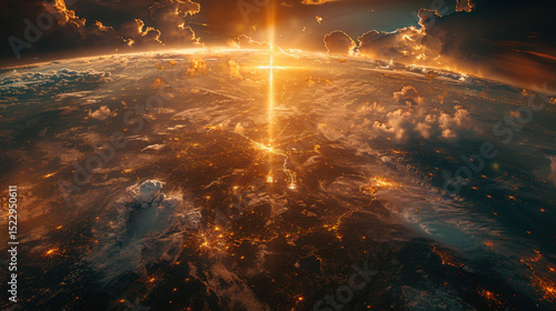 Shiny glowing golden Christian religion faith cross symbol sign above the planet earth globe. Jesus Christ gospel and crucifixion evangelism, international missionary organization,worldwide.