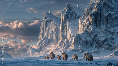 Panoramic Woolly Mammoth Herd Scene