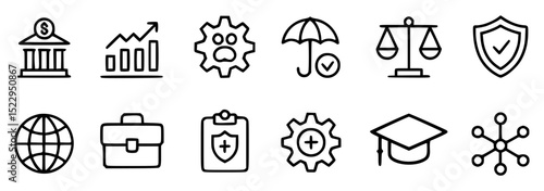 Business finance and global economy black line icon set