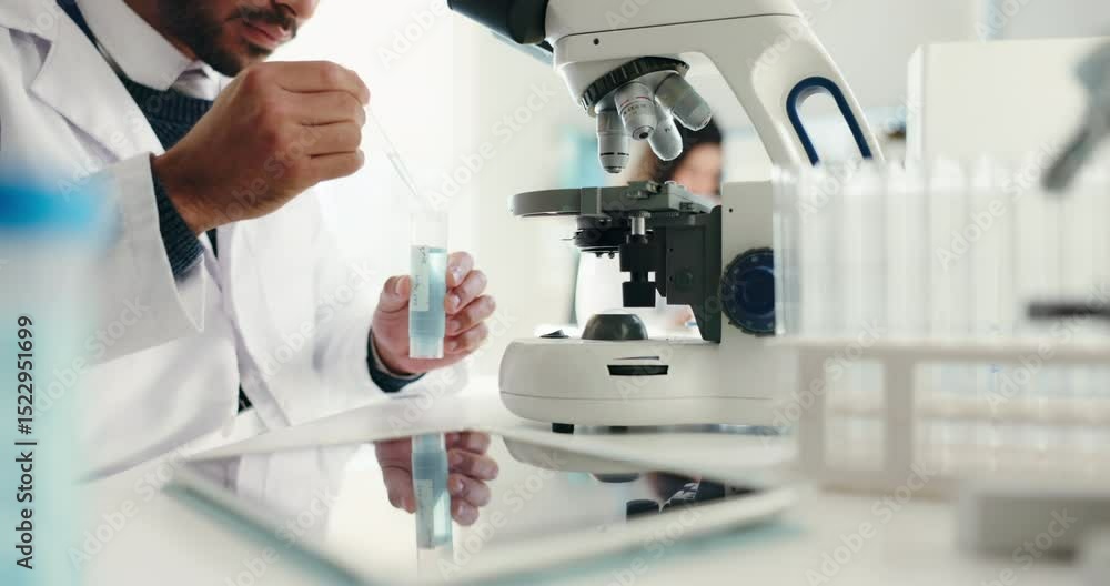 Scientist, man and microscope with chemical for project test, breakthrough or medical research. Biotech, laboratory and chemistry with DNA solution for pharmaceutical RNA or forensic experiment study Scientist, man and microscope with chemical for project test, breakthrough or medical research. Biotech, laboratory and chemistry with DNA solution for pharmaceutical RNA or forensic experiment study