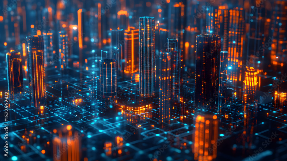 Fototapeta premium A vibrant digital cityscape at night, showcasing glowing skyscrapers and intricate circuitry below
