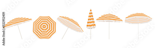 Open beach umbrella with orange and white stripes. Set with beach umbrella in different positions.	