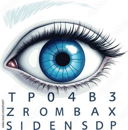 Detailed illustration of a human eye with eye chart