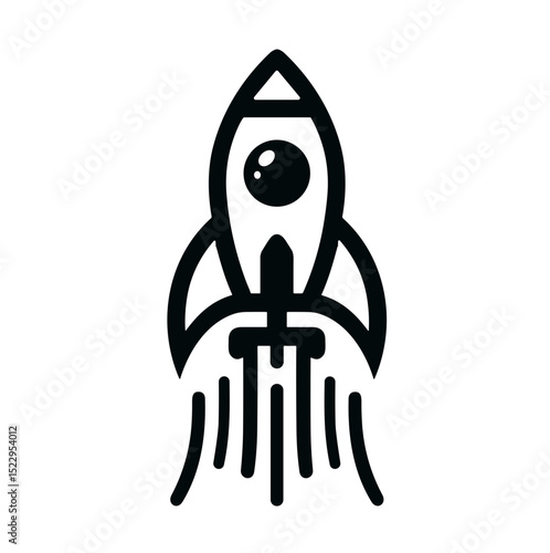 Simple black rocket icon launching with flames beneath  