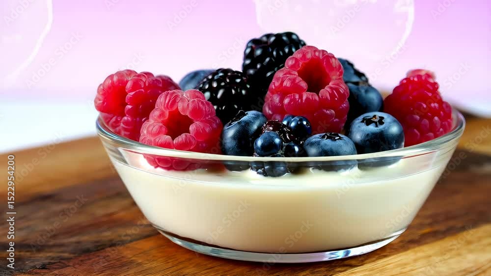 Close-up of glass bowl with creamy yogurt topped with raspberries, blueberries, currants and blackberries on wooden surface against pastel background. Concept of healthy eating and fresh berry delight Close-up of glass bowl with creamy yogurt topped with raspberries, blueberries, currants and blackberries on wooden surface against pastel background. Concept of healthy eating and fresh berry delight