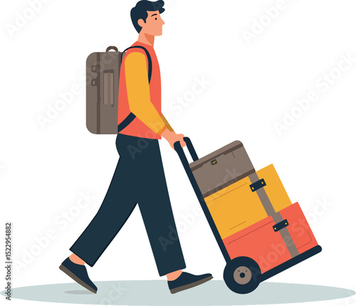 Man with backpack pulling luggage cart