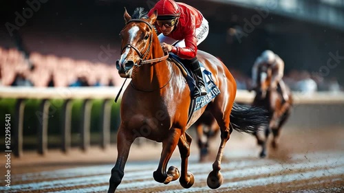 Exciting horse race in the afternoon sun with jockeys competing on a muddy track