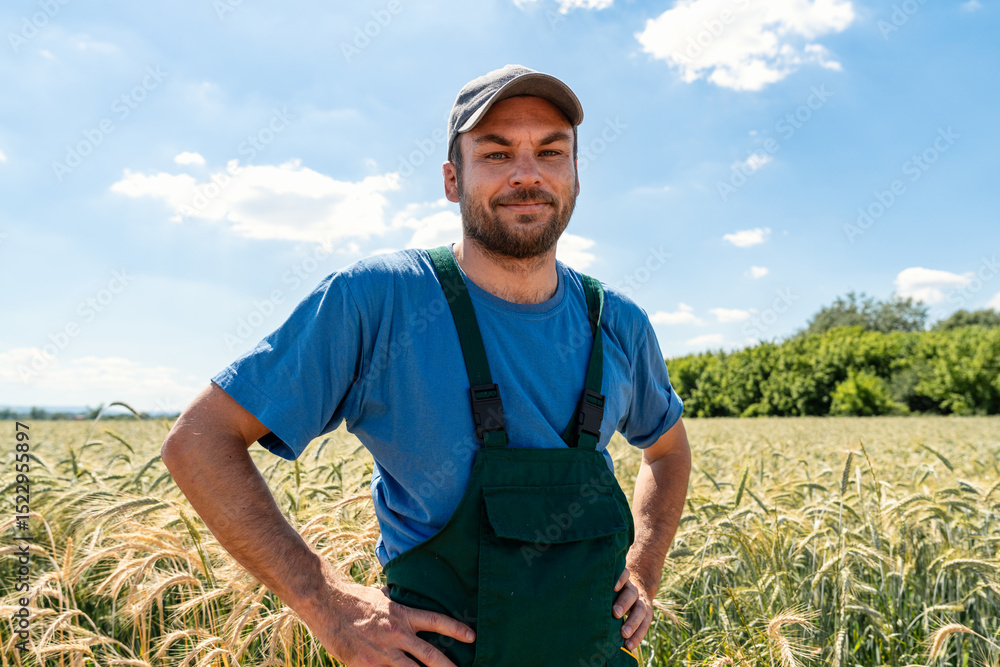 Fototapeta premium Portrait of smiling male farmer in bib overalls standing by cereal field
