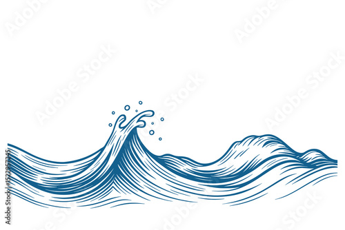 Detailed vector illustration of blue ocean waves with dynamic splashes and intricate line art.