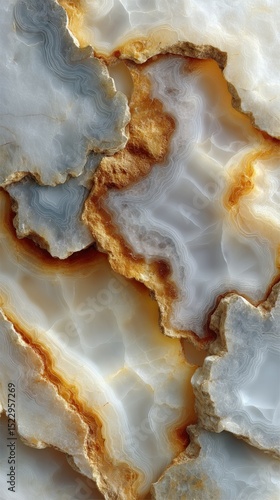 Polished agate slab with white, gray, brown, gold waves