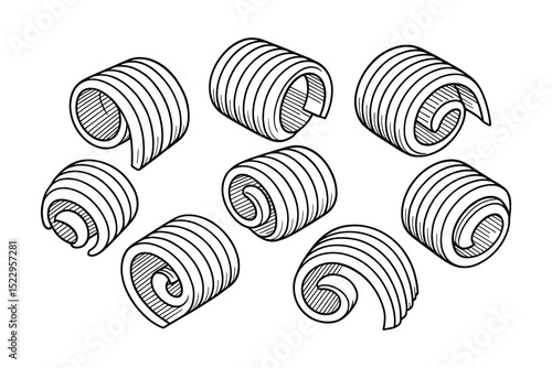Detailed vector drawing of butter curls. Features dairy product in a clean outline style.