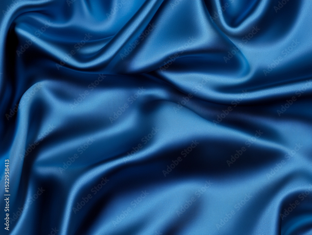 Fototapeta premium Luxurious, flowing blue silk fabric with elegant folds and a glossy sheen, creating a rich and smooth texture. 