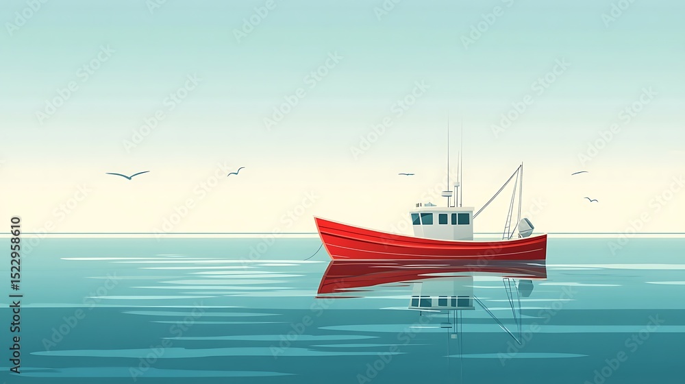 Fototapeta premium Red fishing boat on a calm sea.