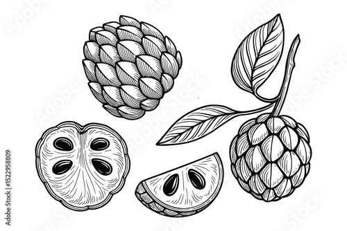 Detailed vector illustration of sugar apples on a clean white background, exotic fruit.