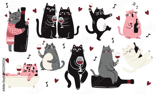 Cute Scandinavian style cats with a glass and a bottle of wine, singing and taking a bath. Flat vector illustrations on white background . Vector illustration