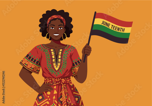 Flat vector of a young Black woman waving the Juneteenth flag, standing proudly with modern dashiki outfit