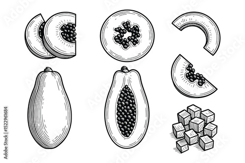 Detailed vector illustration of a papaya fruit, slices, and cubes in an engraved style.