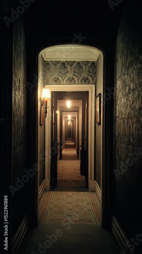 Eerily atmospheric long hotel hallway evoking suspense and a sense of mystery