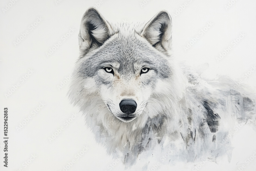 Obraz premium Artistic Portrait of a Gray Wolf with Intense Gaze on a White Background