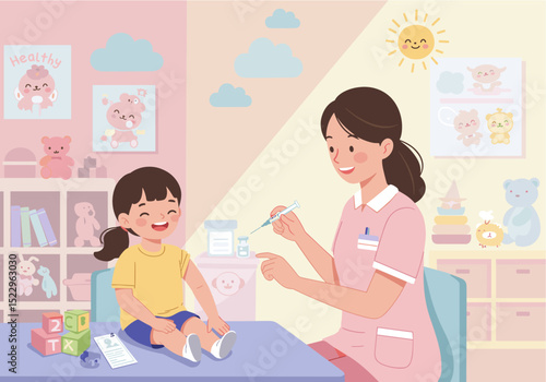 Flat vector of a nurse vaccinating a smiling child in a pediatric clinic