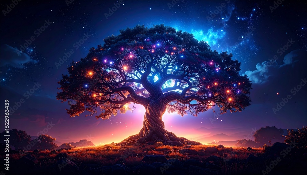 Obraz premium Enchanted Tree of Lights Under a Starlit Sky