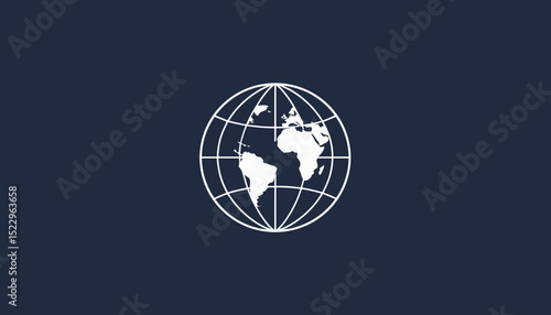 Minimal flat icon of rotating globe with continents and latitude-longitude lines representing global communication and worldwide connection