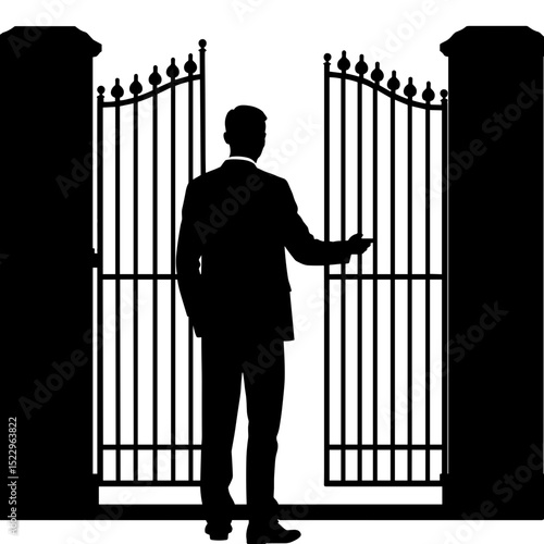 Silhouette man entering security gate, elite private property access