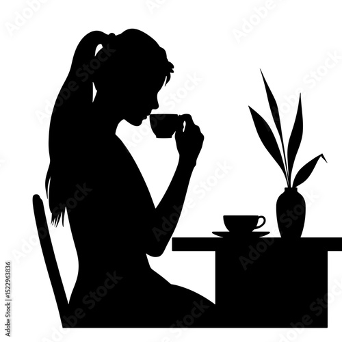 Silhouette of person sipping coffee at modern villa countertop, morning routine