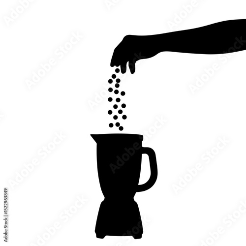 Silhouette of hand dropping peas into blender, vegan nutrition concept