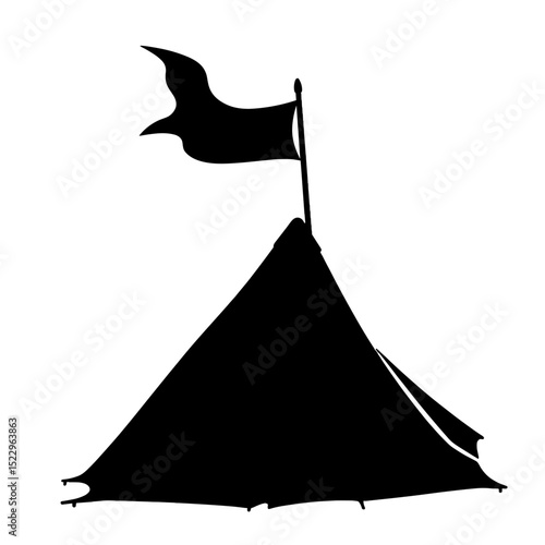 Silhouette of tent with flag, eco camp, sustainable outdoor living, copyspace