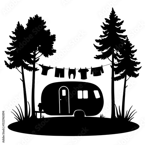 Camper silhouette with clothesline between trees, sustainable outdoor living