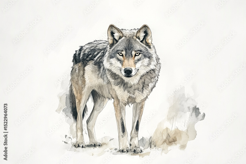 Fototapeta premium Watercolor Painting of a Majestic Gray Wolf Standing Alert with Intense Stare