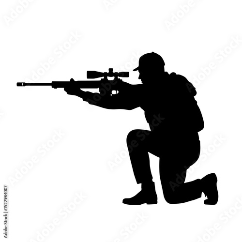 Silhouette Sniper Aiming Rifle on White Background, Precision Shooting