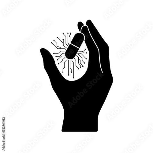 Silhouette Hand Holding Digital Capsule with Circuit, Medical Technology Innovation