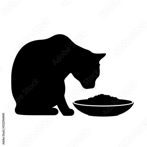 Cat silhouette with food bowl on white background, pet diet and nutrition