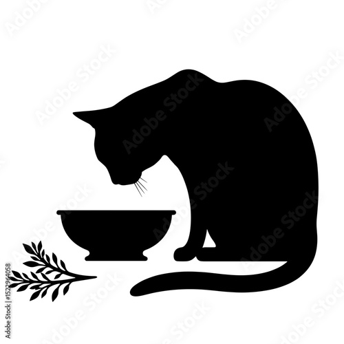 Cat Silhouette with Herb near Bowl, Pet Nutrition and Natural Health