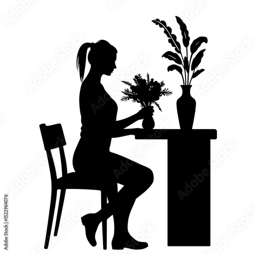 Silhouette of Woman Arranging Flowers in Vase, Minimalist Home Decor