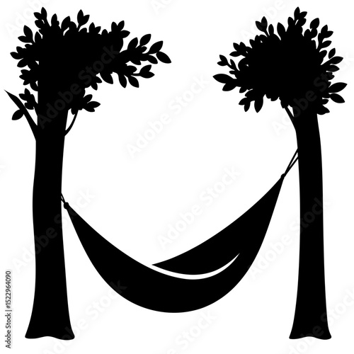 Hammock silhouette between trees for restful summer relaxation, outdoor simplicity